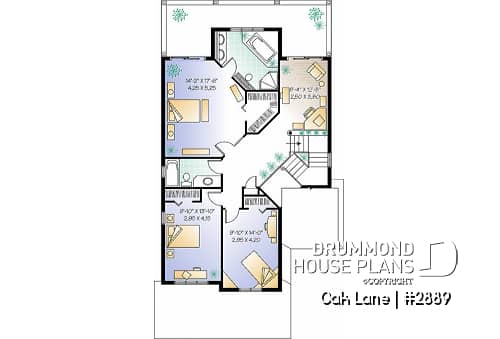 2nd level - Narrow lot Traditional 3 to 4 bedroom home plan with 2-car garage, breakfast nook, sunken living room - Oak Lane