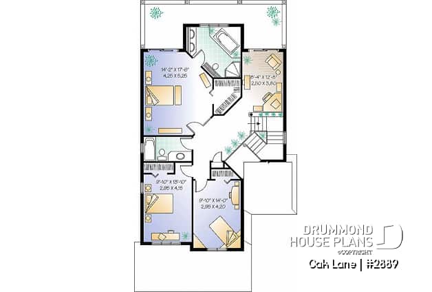2nd level - Narrow lot Traditional 3 to 4 bedroom home plan with 2-car garage, breakfast nook, sunken living room - Oak Lane