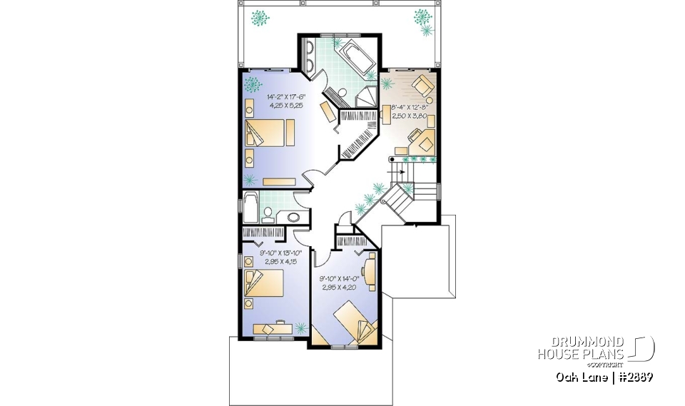 2nd level - Narrow lot Traditional 3 to 4 bedroom home plan with 2-car garage, breakfast nook, sunken living room - Oak Lane