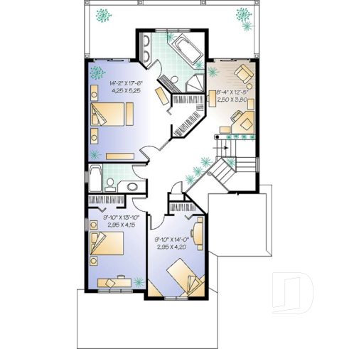 2nd level - Narrow lot Traditional 3 to 4 bedroom home plan with 2-car garage, breakfast nook, sunken living room - Oak Lane
