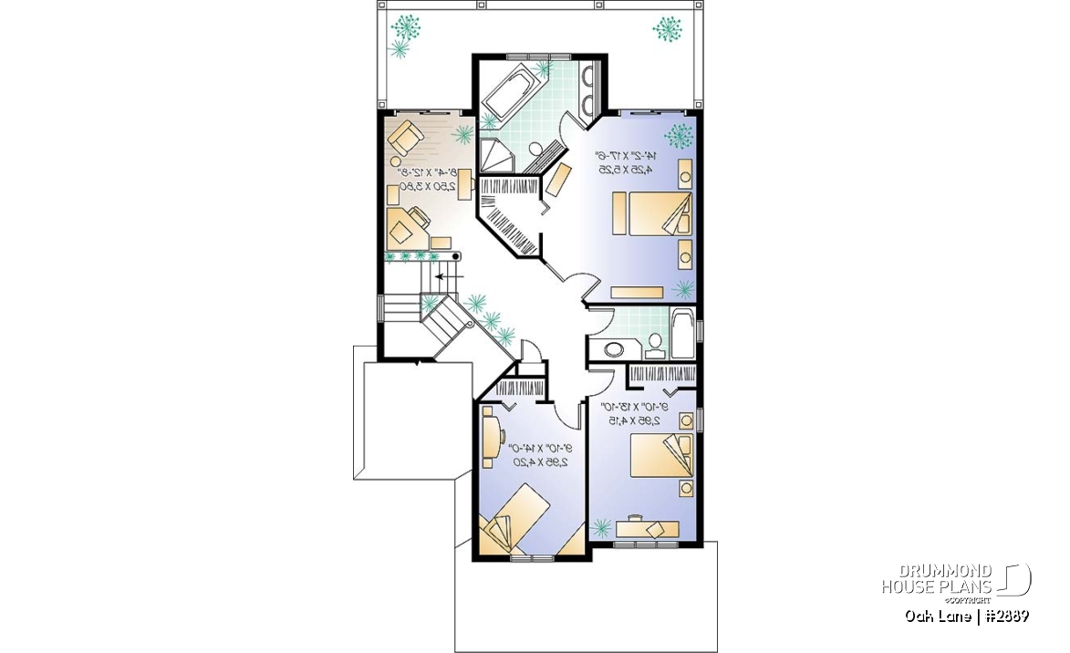 2nd level - Narrow lot Traditional 3 to 4 bedroom home plan with 2-car garage, breakfast nook, sunken living room - Oak Lane