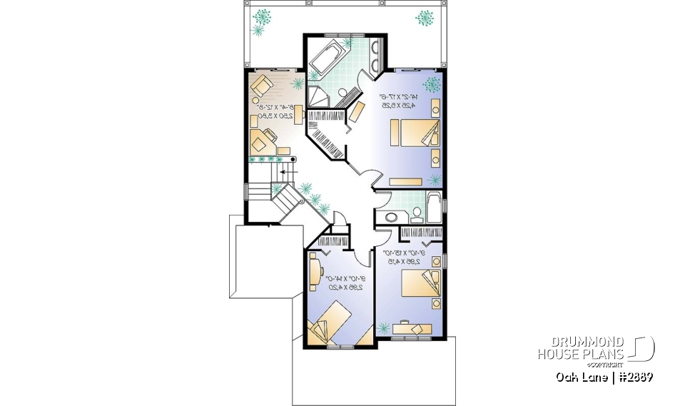 2nd level - Narrow lot Traditional 3 to 4 bedroom home plan with 2-car garage, breakfast nook, sunken living room - Oak Lane