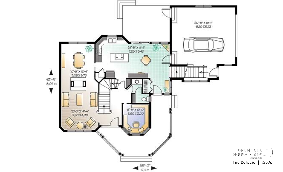 1st level - Farmhouse style house plan, 9' ceiling, home office, large kitchen, double sided fireplace, large bonus room - The Collector