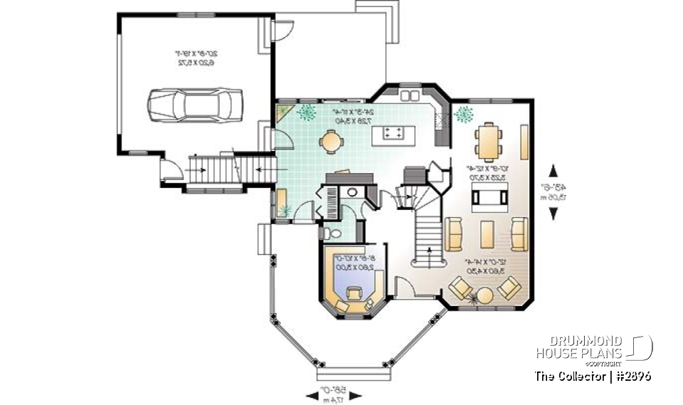 1st level - Farmhouse style house plan, 9' ceiling, home office, large kitchen, double sided fireplace, large bonus room - The Collector
