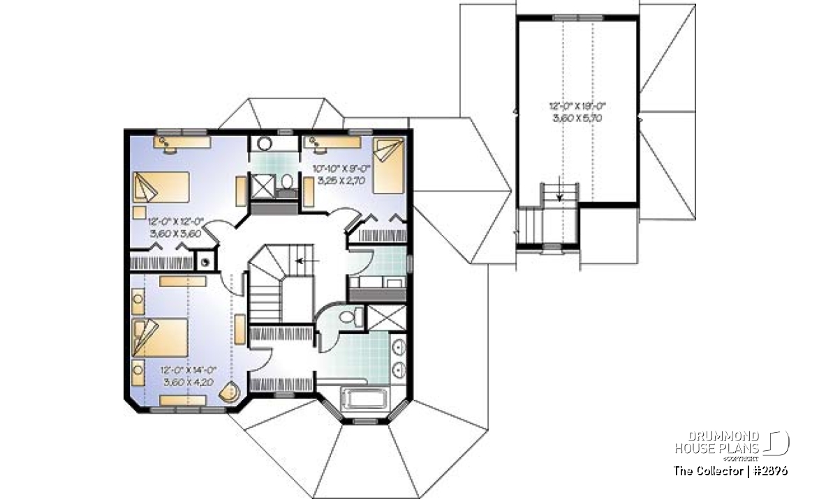 2nd level - Farmhouse style house plan, 9' ceiling, home office, large kitchen, double sided fireplace, large bonus room - The Collector