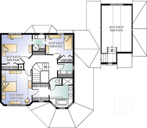 2nd level - Farmhouse style house plan, 9' ceiling, home office, large kitchen, double sided fireplace, large bonus room - The Collector
