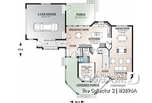 1st level - Modern Victorian inspired house plan, 3 beds, ensuite, home office, large bonus room, veranda & garage - The Collector 2
