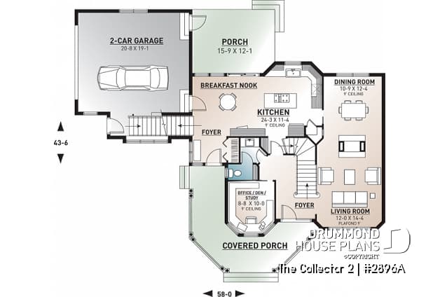 1st level - Modern Victorian inspired house plan, 3 beds, ensuite, home office, large bonus room, veranda & garage - The Collector 2