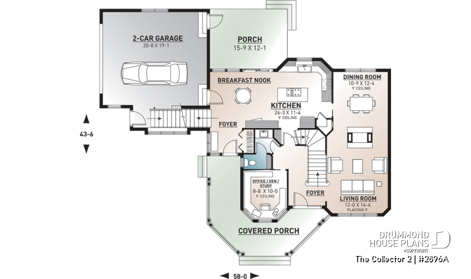 1st level - 3-Bedroom Victorian Style House Plan with Double Garage, Bonus Room &amp; Home Office - The Collector 2