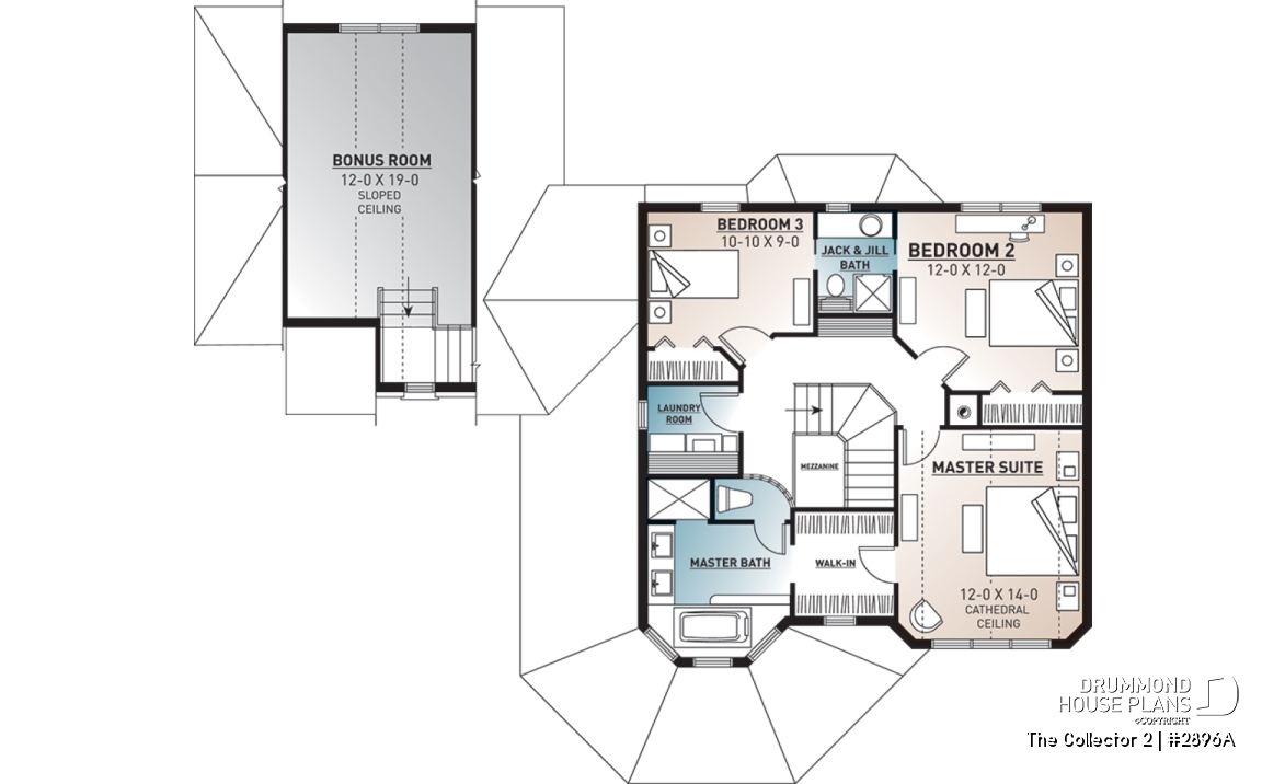 2nd level - 3-Bedroom Victorian Style House Plan with Double Garage, Bonus Room &amp; Home Office - The Collector 2