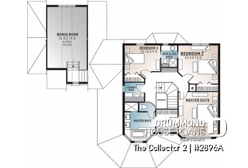 2nd level - Modern Victorian inspired house plan, 3 beds, ensuite, home office, large bonus room, veranda & garage - The Collector 2