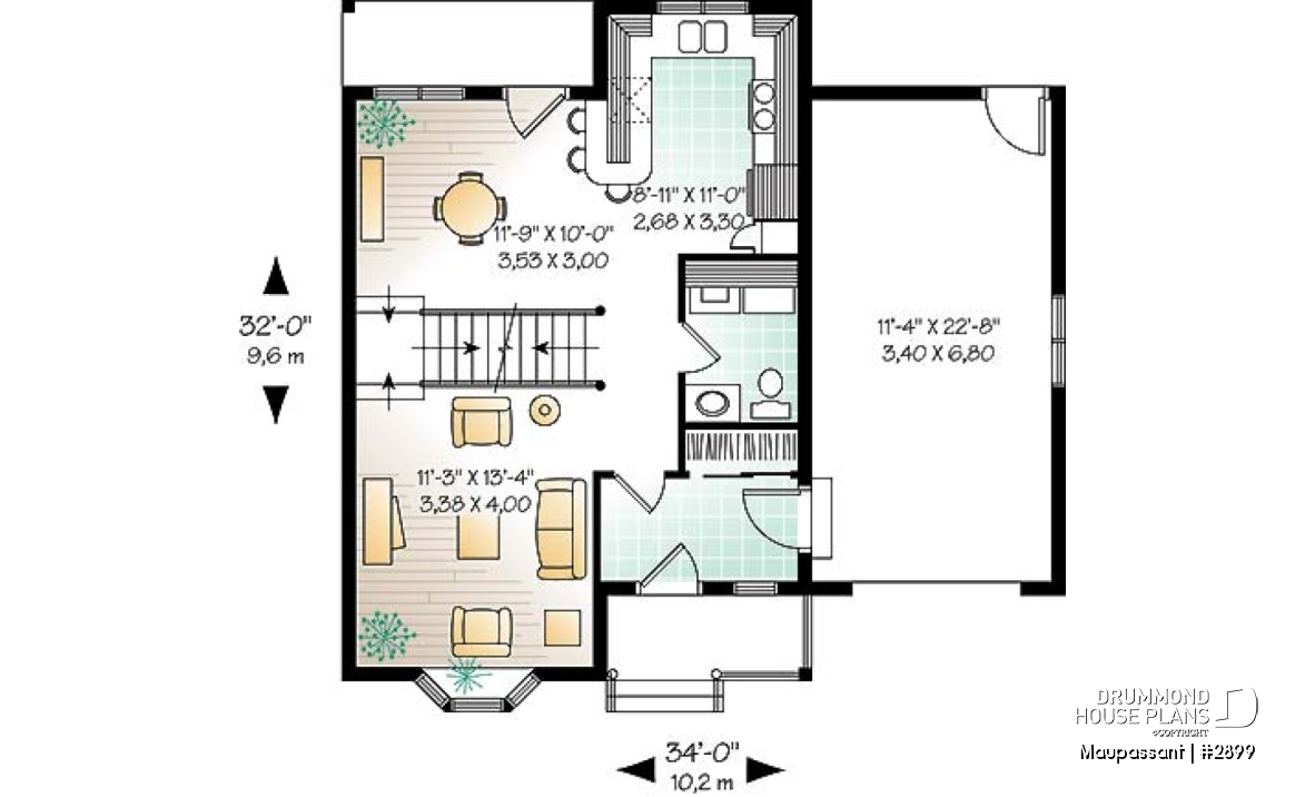 1st level - Traditional style house plan with 3 bedrooms, private balcony in master bedroom - Maupassant