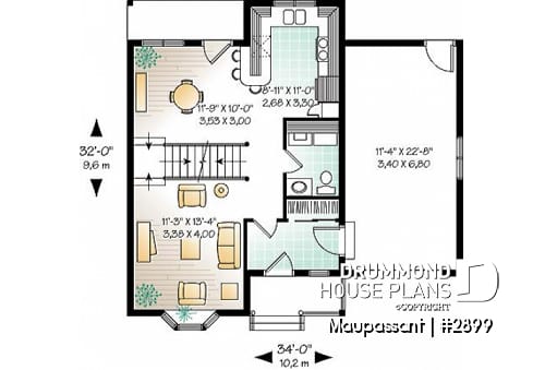 1st level - Traditional style house plan with 3 bedrooms, private balcony in master bedroom - Maupassant