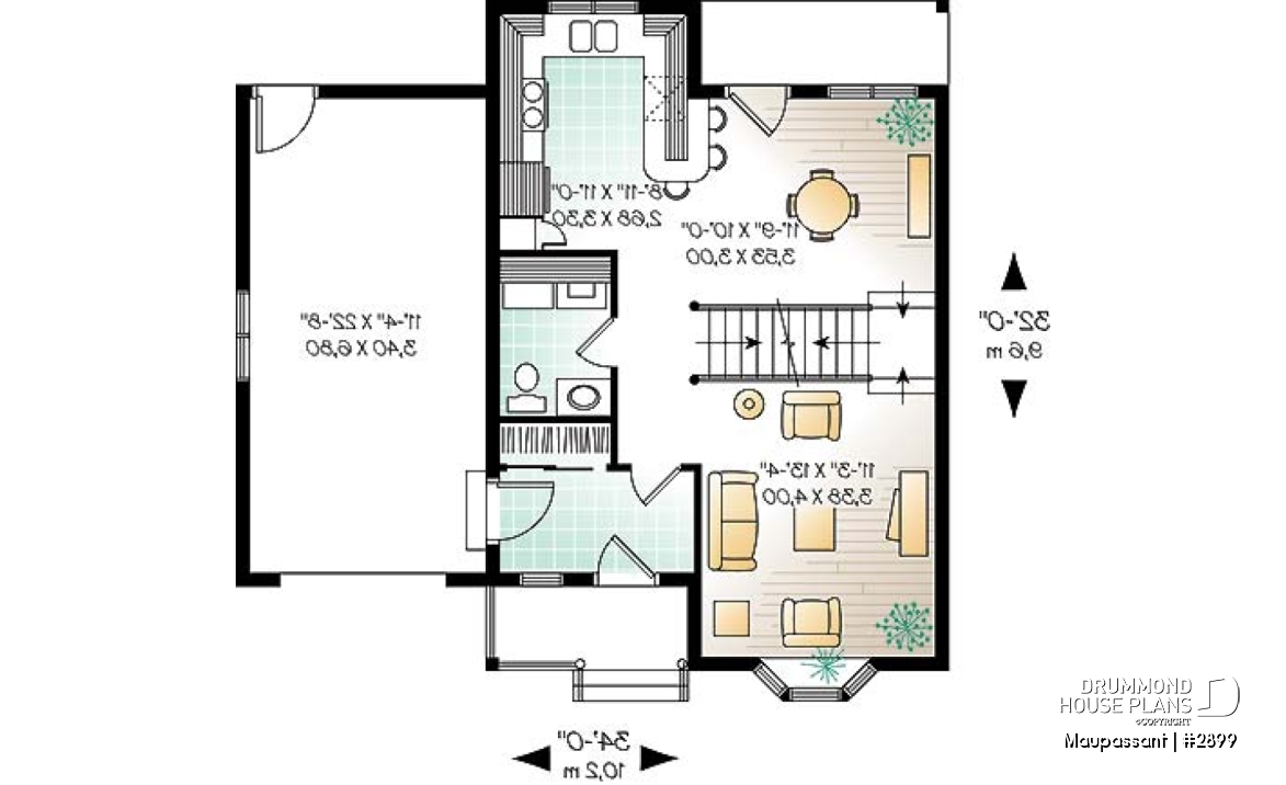 1st level - Traditional style house plan with 3 bedrooms, private balcony in master bedroom - Maupassant