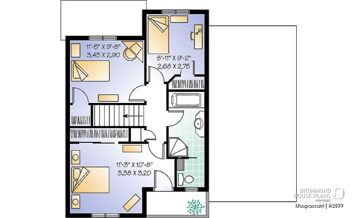2nd level - Traditional style house plan with 3 bedrooms, private balcony in master bedroom - Maupassant