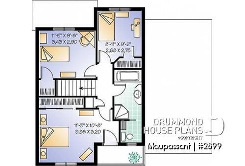 2nd level - Traditional style house plan with 3 bedrooms, private balcony in master bedroom - Maupassant