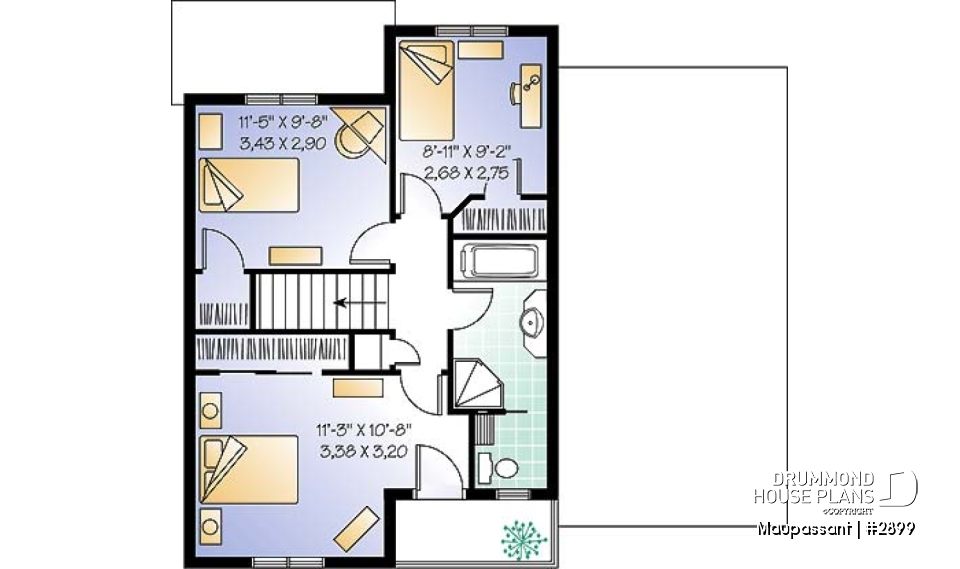 2nd level - Traditional style house plan with 3 bedrooms, private balcony in master bedroom - Maupassant