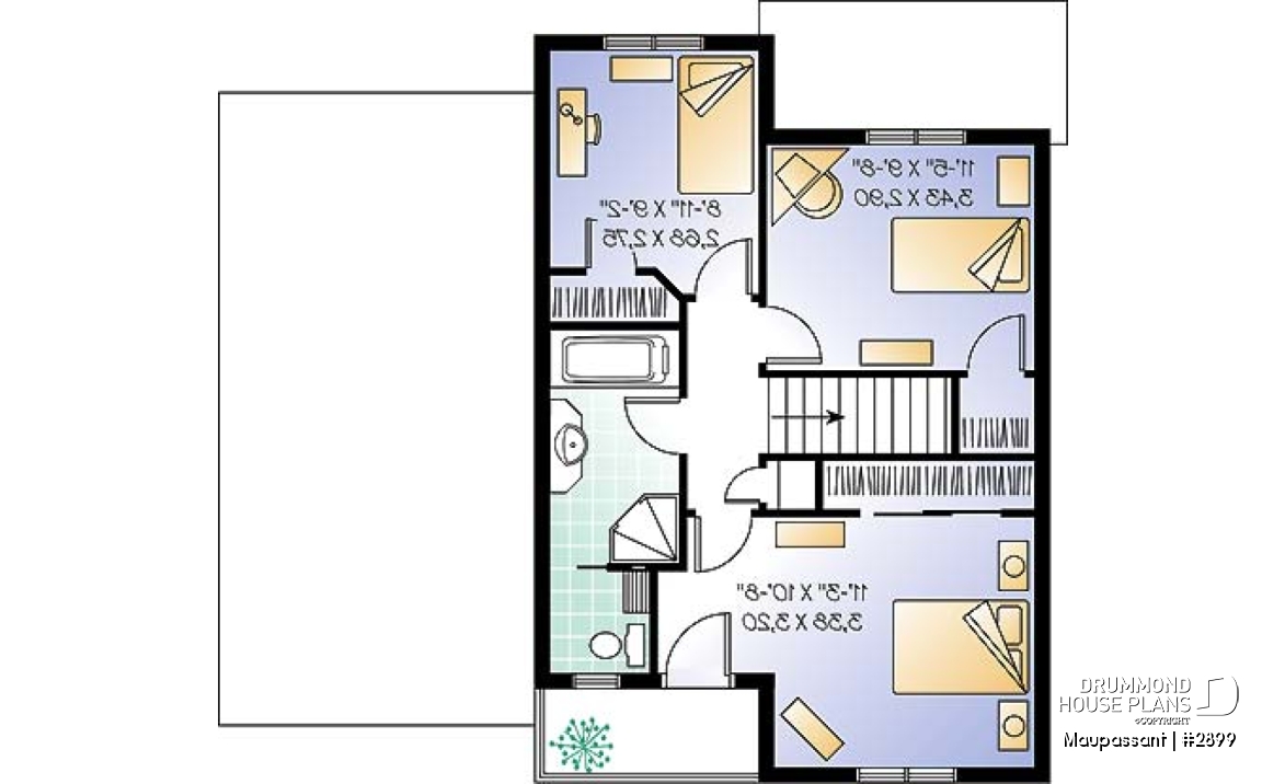 2nd level - Traditional style house plan with 3 bedrooms, private balcony in master bedroom - Maupassant