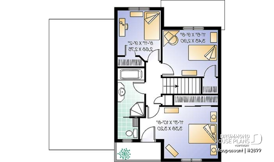 2nd level - Traditional style house plan with 3 bedrooms, private balcony in master bedroom - Maupassant