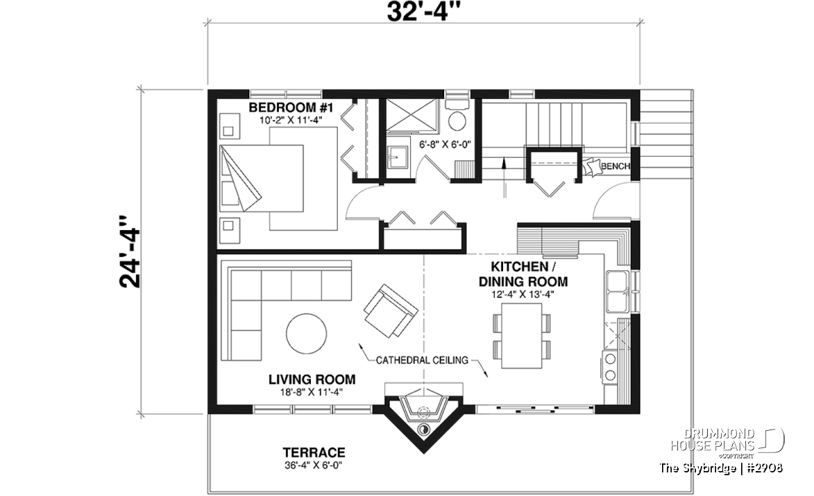 1st level - Rustic A-Frame cottage house plan with walkout basement, cathedral ceiling, 3 to 4 bedrooms, fireplace - The Skybridge