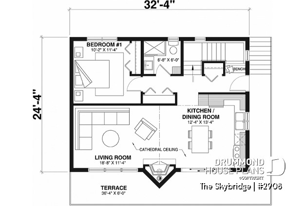 1st level - Rustic A-Frame cottage house plan with cathedral ceiling, 3 to 4 bedrooms, fireplace, large deck, open concept - The Skybridge