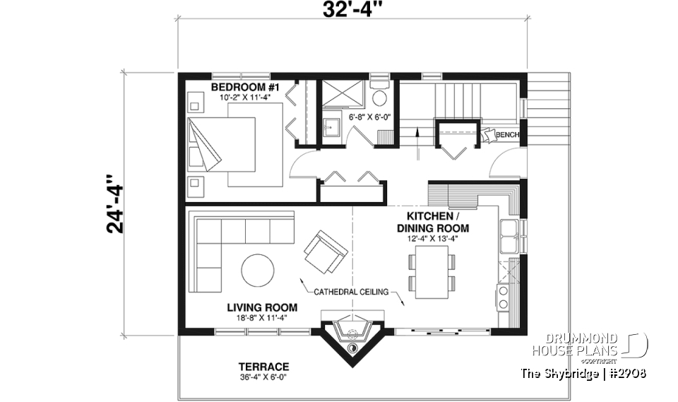 1st level - Rustic A-Frame cottage house plan with walkout basement, cathedral ceiling, 3 to 4 bedrooms, fireplace - The Skybridge