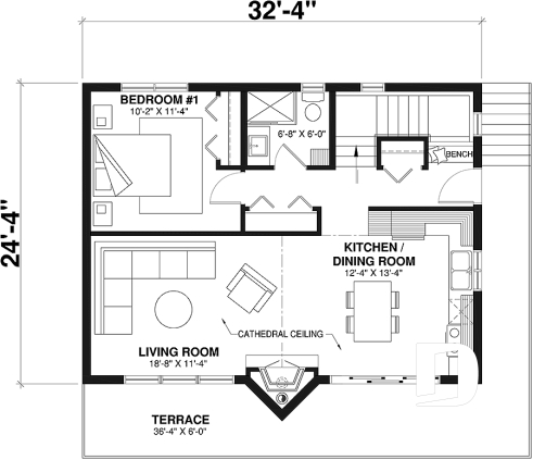 1st level - Rustic A-Frame cottage house plan with walkout basement, cathedral ceiling, 3 to 4 bedrooms, fireplace - The Skybridge