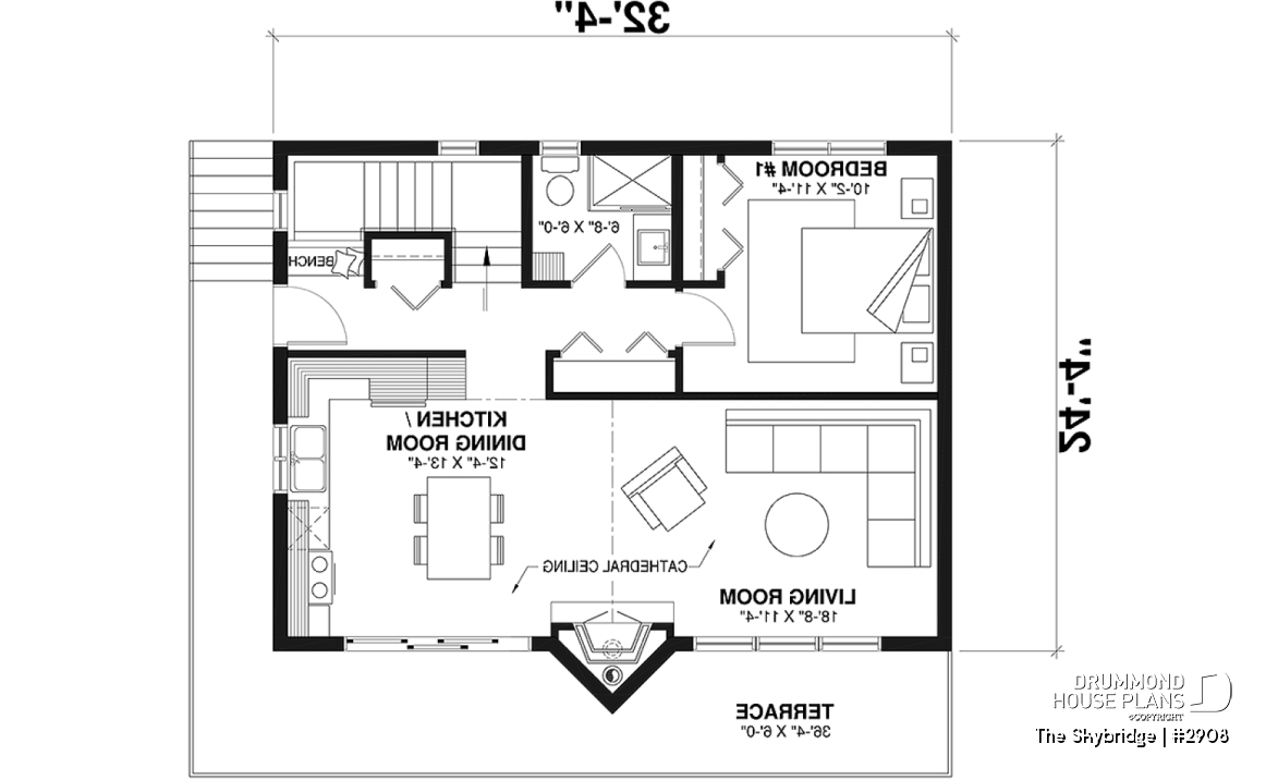 1st level - Rustic A-Frame cottage house plan with walkout basement, cathedral ceiling, 3 to 4 bedrooms, fireplace - The Skybridge