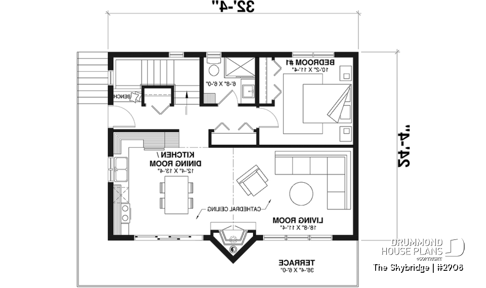 1st level - Rustic A-Frame cottage house plan with walkout basement, cathedral ceiling, 3 to 4 bedrooms, fireplace - The Skybridge