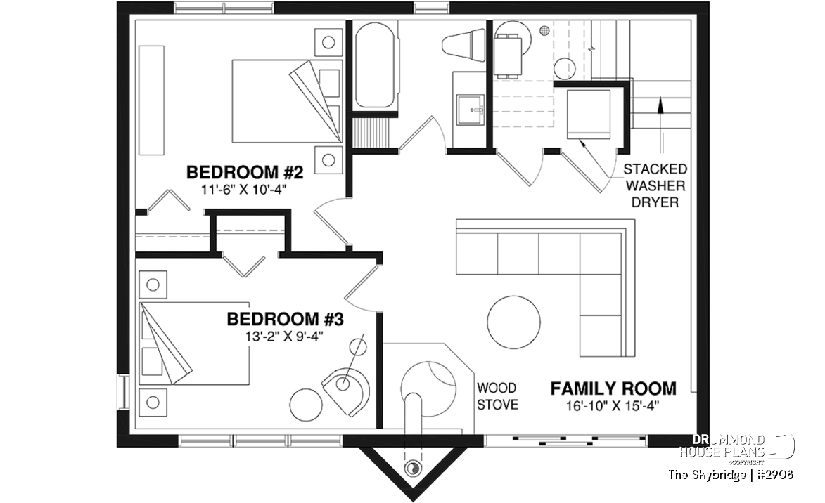Basement - Rustic A-Frame cottage house plan with walkout basement, cathedral ceiling, 3 to 4 bedrooms, fireplace - The Skybridge