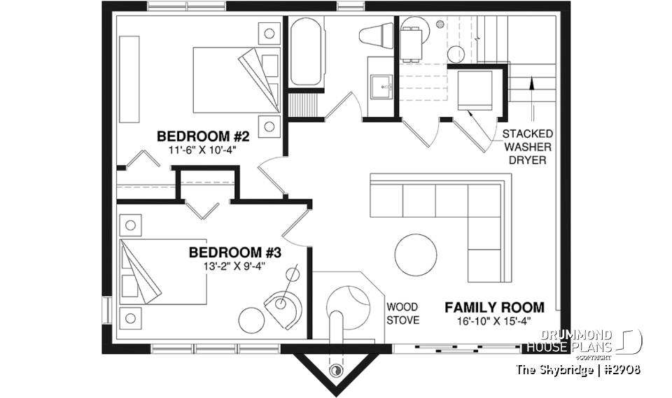 Basement - Rustic A-Frame cottage house plan with walkout basement, cathedral ceiling, 3 to 4 bedrooms, fireplace - The Skybridge
