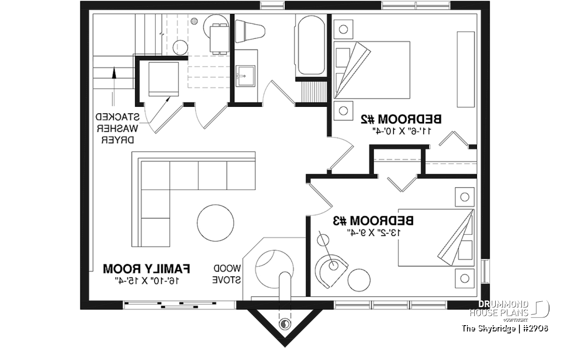 Basement - Rustic A-Frame cottage house plan with walkout basement, cathedral ceiling, 3 to 4 bedrooms, fireplace - The Skybridge