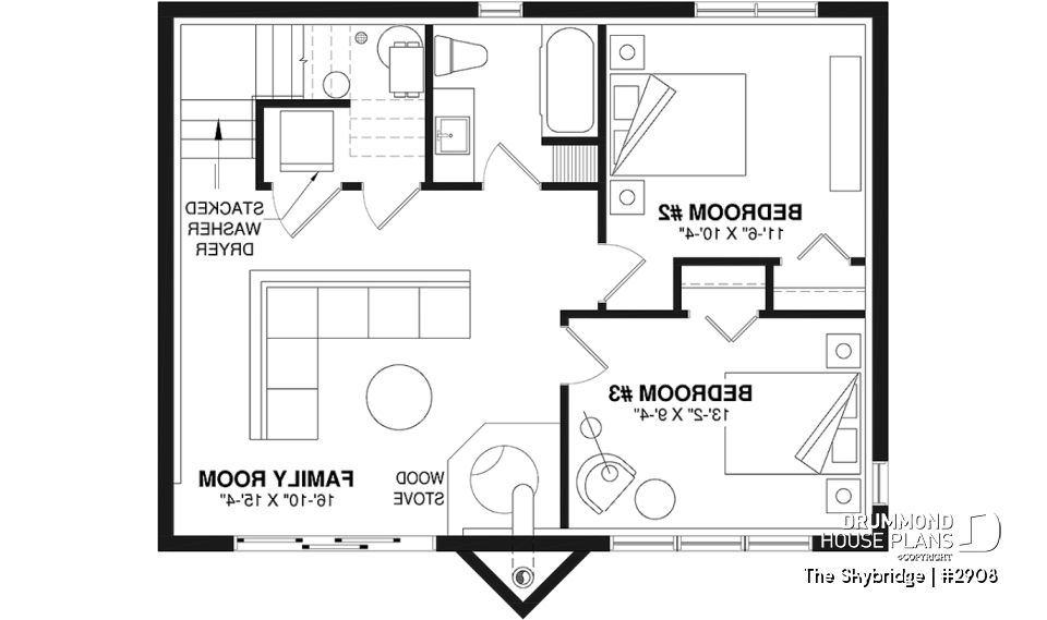 Basement - Rustic A-Frame cottage house plan with walkout basement, cathedral ceiling, 3 to 4 bedrooms, fireplace - The Skybridge