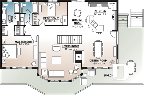 1st level - Stunning 4 bedroom rustic cotttage plan, master suite on main floor, reverse living, 2 living rooms, fireplace - The Timberline
