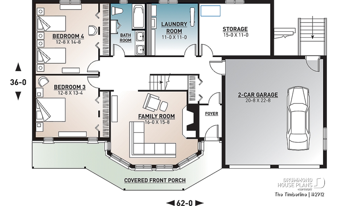 Basement - Stunning 4 bedroom rustic cotttage plan, master suite on main floor, reverse living, 2 living rooms, fireplace - The Timberline