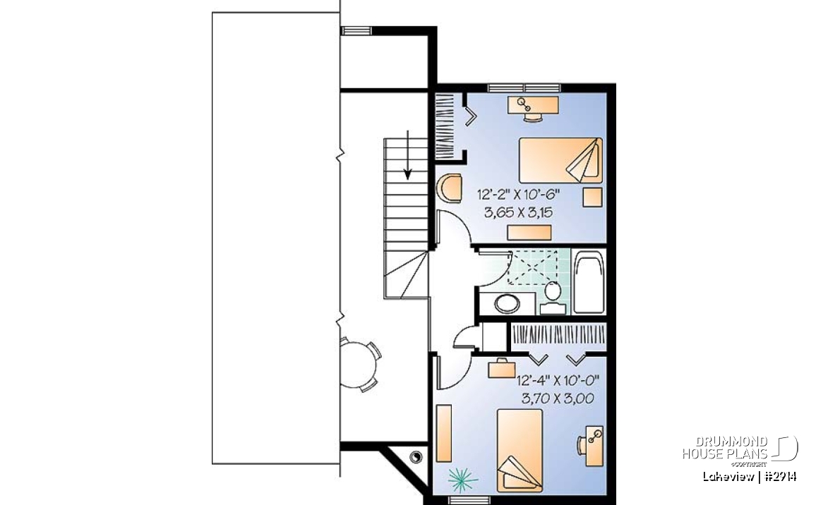 2nd level - Scandinavian style cabin house plan with 3 bedrooms and open floor plan concept - Lakeview
