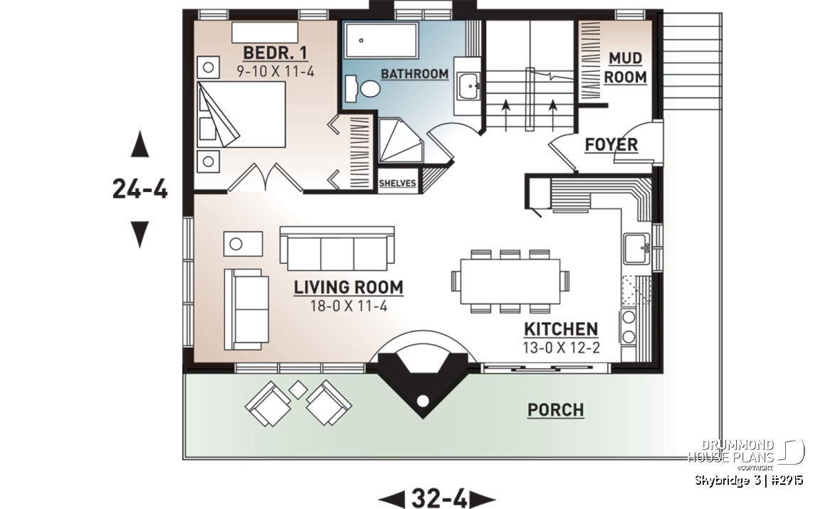 1st level - Affordable mountain rustic cottage chalet house plan, 3-4 bedrooms, open loft, cathedral ceiling, 2 fireplaces - Skybridge 3