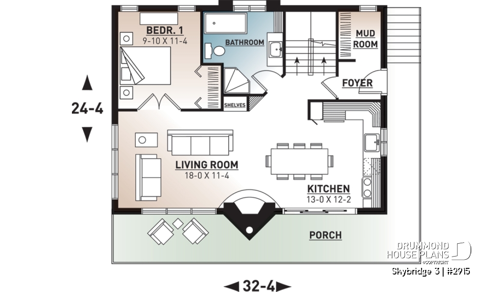 1st level - Affordable mountain rustic cottage chalet house plan, 3-4 bedrooms, open loft, cathedral ceiling, 2 fireplaces - Skybridge 3