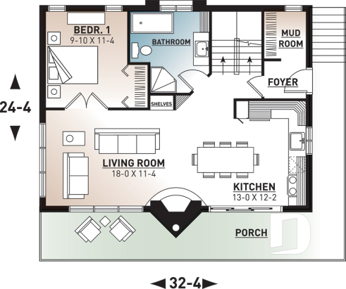 1st level - Affordable mountain rustic cottage chalet house plan, 3-4 bedrooms, open loft, cathedral ceiling, 2 fireplaces - Skybridge 3