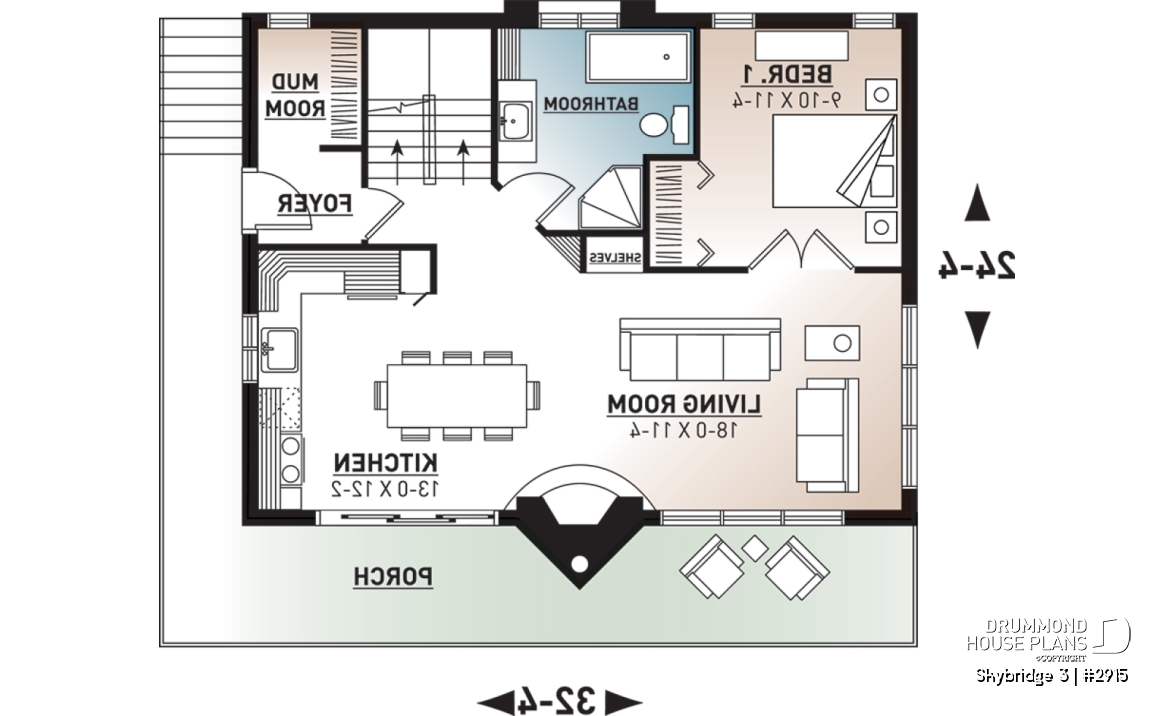 1st level - Affordable mountain rustic cottage chalet house plan, 3-4 bedrooms, open loft, cathedral ceiling, 2 fireplaces - Skybridge 3