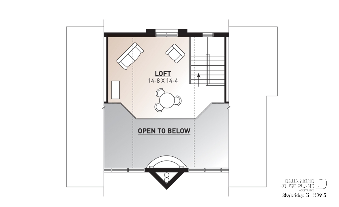 2nd level - Affordable mountain rustic cottage chalet house plan, 3-4 bedrooms, open loft, cathedral ceiling, 2 fireplaces - Skybridge 3