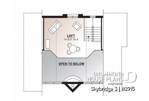 2nd level - Affordable mountain rustic cottage chalet house plan, 3-4 bedrooms, open loft, cathedral ceiling, 2 fireplaces - Skybridge 3