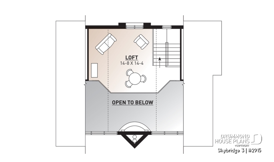 2nd level - Affordable mountain rustic cottage chalet house plan, 3-4 bedrooms, open loft, cathedral ceiling, 2 fireplaces - Skybridge 3