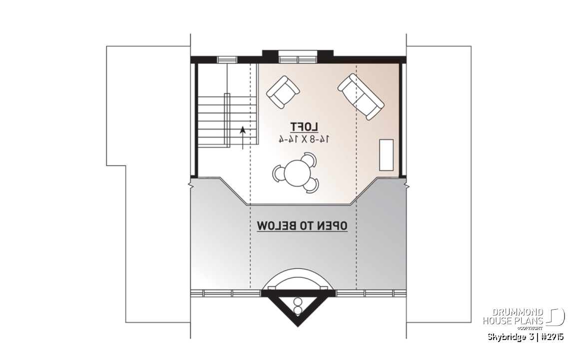2nd level - Affordable mountain rustic cottage chalet house plan, 3-4 bedrooms, open loft, cathedral ceiling, 2 fireplaces - Skybridge 3