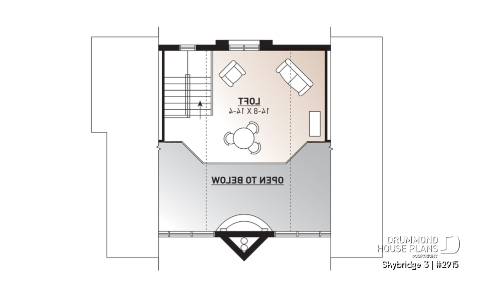 2nd level - Affordable mountain rustic cottage chalet house plan, 3-4 bedrooms, open loft, cathedral ceiling, 2 fireplaces - Skybridge 3