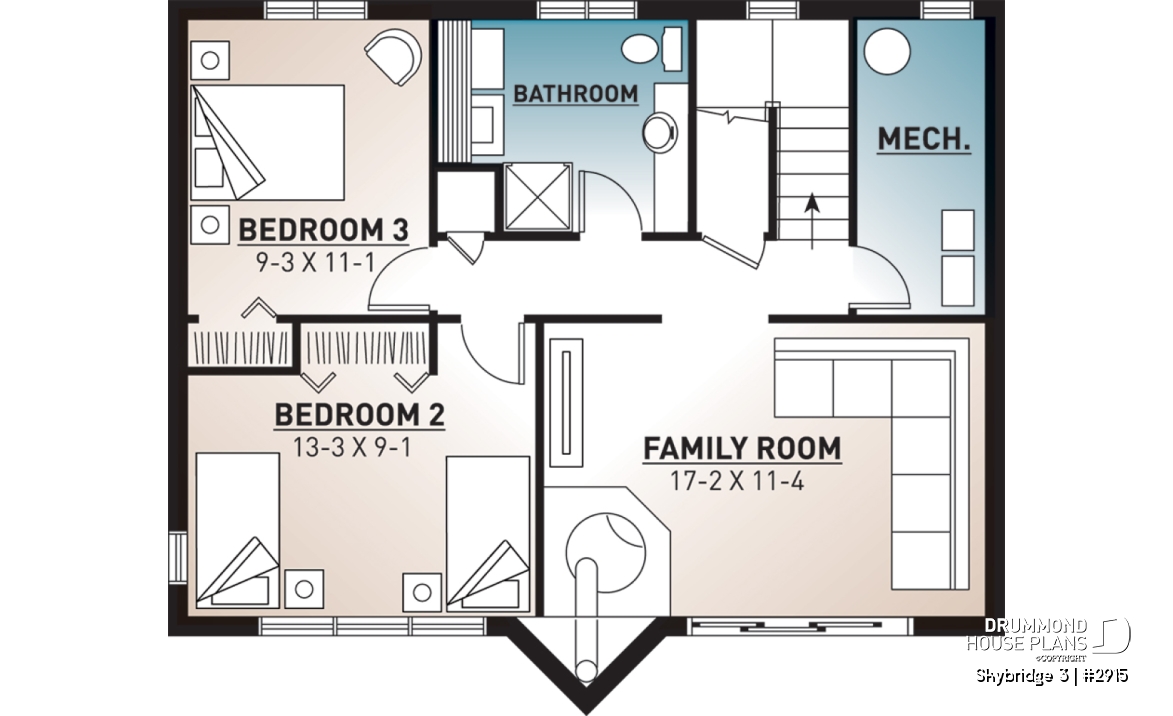 Basement - Affordable mountain rustic cottage chalet house plan, 3-4 bedrooms, open loft, cathedral ceiling, 2 fireplaces - Skybridge 3