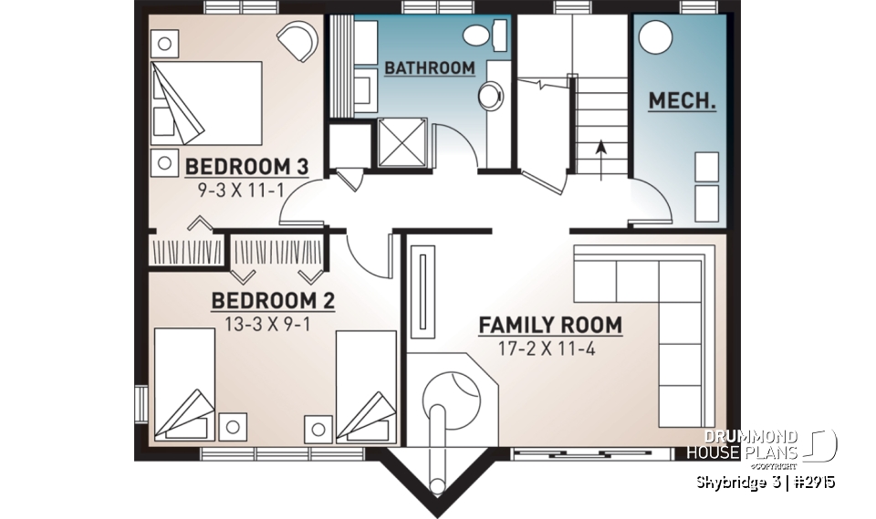 Basement - Affordable mountain rustic cottage chalet house plan, 3-4 bedrooms, open loft, cathedral ceiling, 2 fireplaces - Skybridge 3