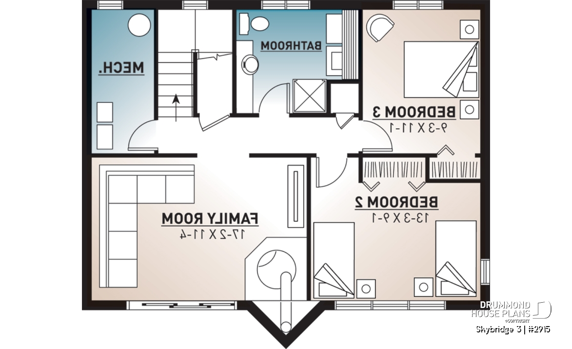 Basement - Affordable mountain rustic cottage chalet house plan, 3-4 bedrooms, open loft, cathedral ceiling, 2 fireplaces - Skybridge 3