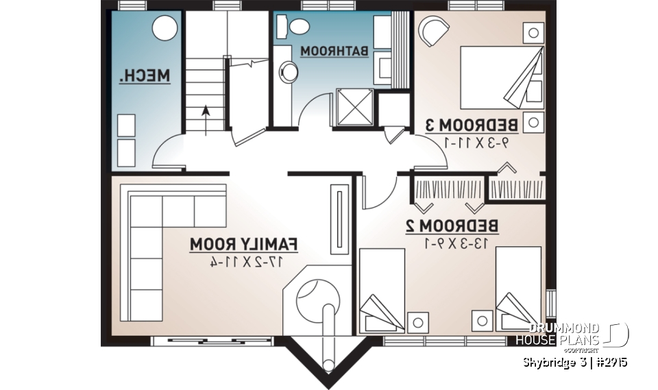 Basement - Affordable mountain rustic cottage chalet house plan, 3-4 bedrooms, open loft, cathedral ceiling, 2 fireplaces - Skybridge 3