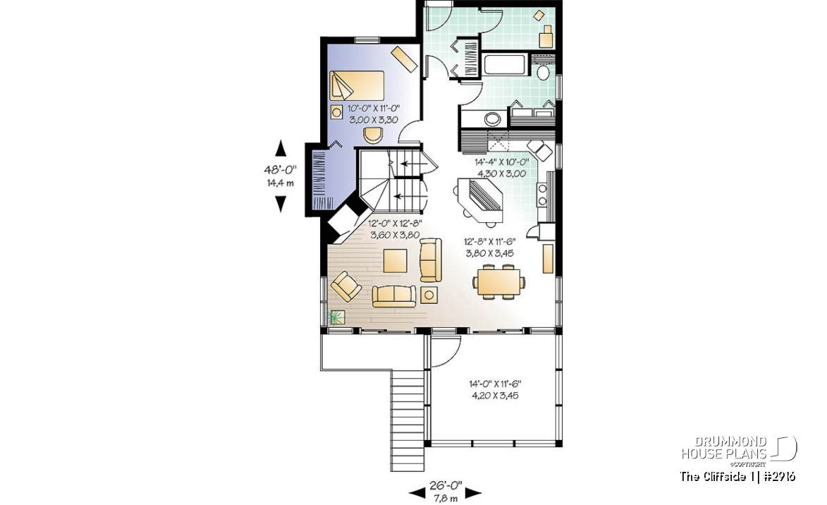 1st level - Fabulous 3 beds / 2 baths cottage house plan with open floor plan, fireplace and screened-in deck - The Cliffside 1